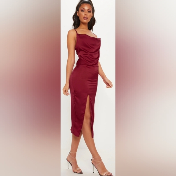 PrettyLittleThing Burgundy Strappy Satin Cowl Midi Dress - Picture 2 of 9